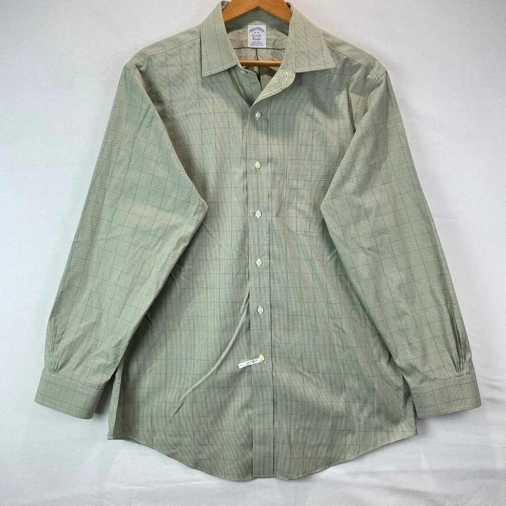 Brooks Brothers Classic Non-Iron Shirt Men 16-33 Olive Green Supima Cotton Plaid